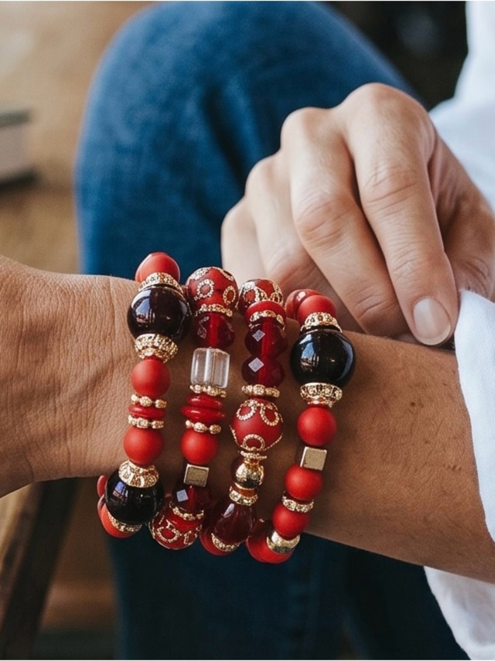 ♥️4-PC Boho Red & Gold Layered Beaded Bracelet Set/NIP♥️